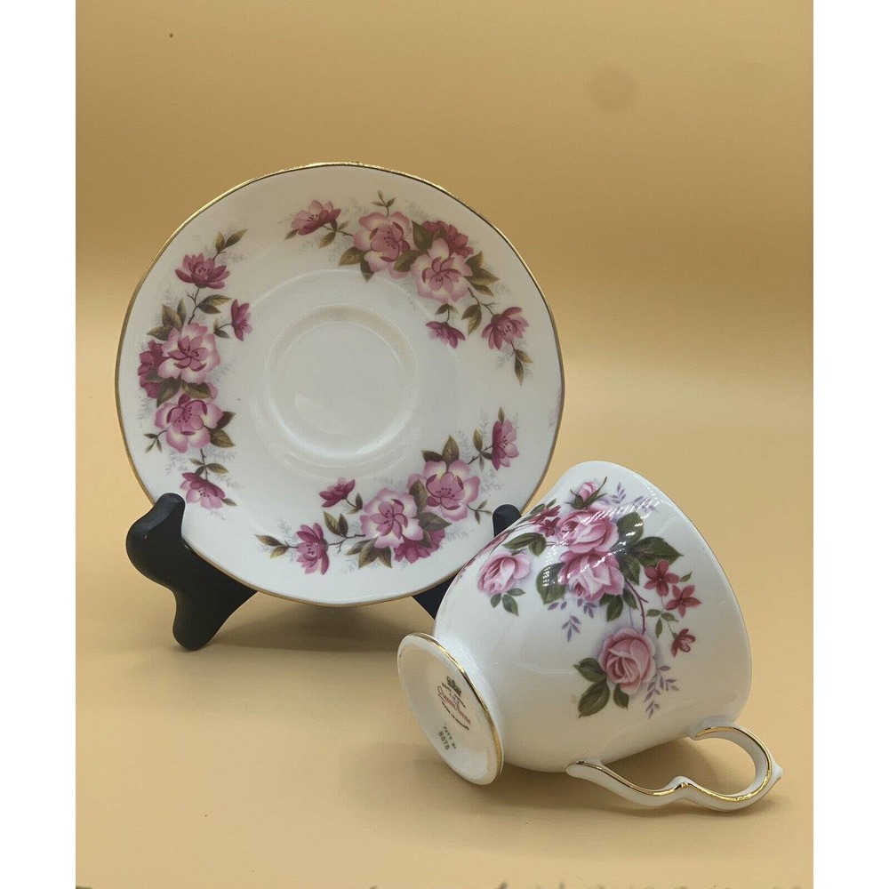 Vintage Queen Anne Bone China Cup And Saucer ENGLAND Pat # 8575 Pink Roses